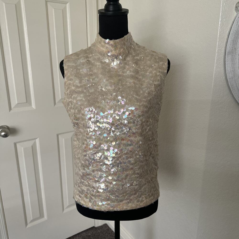 Vintage Ivory Sequin Wool Sweater Cyn Les British Hong Kong Sleeveless Sequin